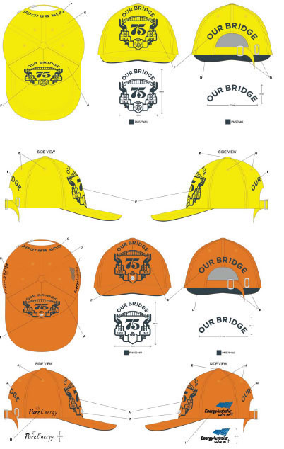 ECHOING THE RIBBON CUTTING OF 1932. The Governor of NSW, Her Excellency Professor Marie Bashir, cuts the ribbon using the actual scissors used by Jack Lang in 1932. Triggering the Our Bridge overture a specially commissioned work composed by Elana Kats-Chernin, seven sound pods spaning the road between the pylons come to life each representing a decade, these were emotive clearly defined sound environments that combined a collage of voice and music from each period. All air and water activity around the harbour commences as does the bridge walk that lasted the entire day and well into the night, each person who walks receives a specially design cap, the day walkers cap is fluoro yellow a wink to the safely and utilitarian nature of the bridge while the night cap is fl uoro orange and has a super bright white LED light on the front of each cap.